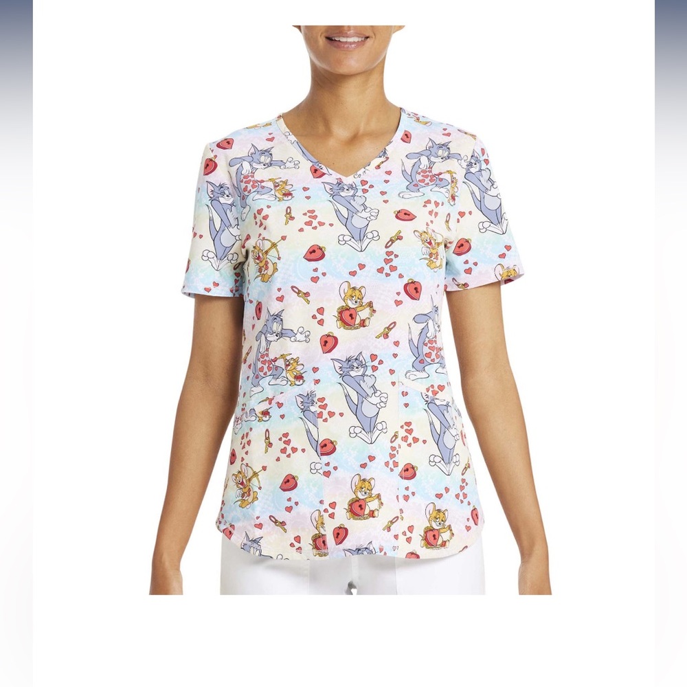 NWT Tom & Jerry Valentine Scrub Top V-Neck Size Small